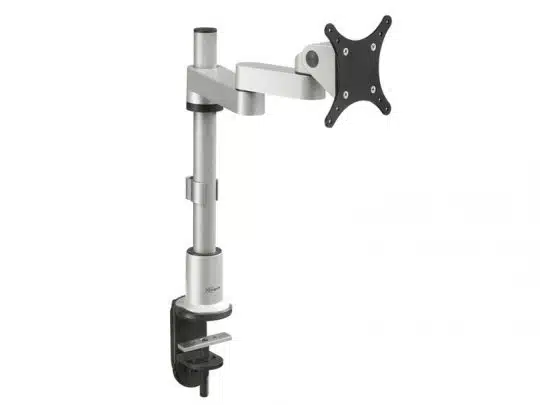 Höhenverstellbarer silberner Monitorarm mit schwarzer VESA-Halterung, am Schreibtischrand befestigt; ideal zur flexiblen Positionierung des Bildschirms - perfekt zum Kaufen oder Mieten für ergonomische Arbeitsplatzgestaltung.