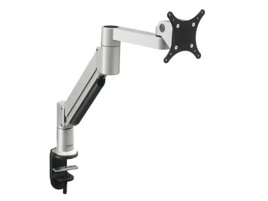 Höhenverstellbarer Monitorarm in Silber und Schwarz mit Tischklemme zur Befestigung am Schreibtisch; eignet sich zum Halten eines Computerbildschirms - idealer Monitorarm für flexible Büro-Lösungen, zum Mieten oder Kaufen.