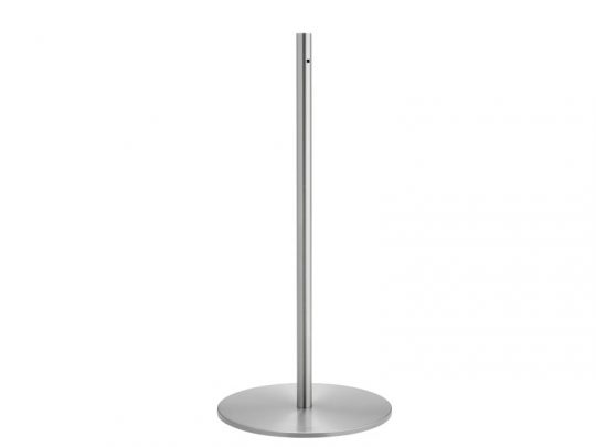 Eleganter, schmaler Metallständer "Silber Standfuß" mit rundem Sockel und senkrechter Stange, ideal zum Kaufen oder Mieten; das Produkt steht freigestellt vor weißem Hintergrund.