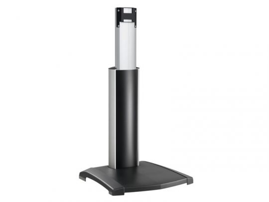 Schwarzer und silberner verstellbarer Monitorständer mit breitem, stabilem Standfuß und senkrechter Säule zur Bildschirmbefestigung - ideal zum Mieten oder Kaufen für flexible Arbeitsplätze.