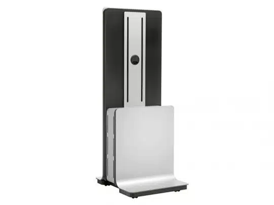 Moderner Computerständer "Black & Silver Stand" aus Metall mit breiter Basis und belüftetem, geschlitztem Rückenteil; hält einen Desktop-Tower vertikal und sicher - ideal zum Mieten oder Kaufen für einen aufgeräumten Arbeitsplatz.
