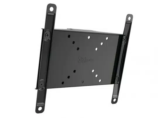 Schwarze TV-Wandhalterung aus Metall mit mehreren verstellbaren Bohrungen für flexible Befestigung, abgebildet vor weißem Hintergrund. Die TV-Wandhalterung eignet sich ideal zum sicheren Montieren von Fernsehern oder Monitoren und ist einfach zu kaufen oder zu mieten für flexible Nutzung.