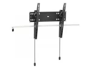 Schwarze, neigbare TV-Wandhalterung (Tilting TV Wall Mount Bracket) mit horizontaler Verriegelungsstange und zwei herunterhängenden Zugseilen zum Aufhängen; ideal zum sicheren Montieren von Flachbildfernsehern - perfekt zum Kaufen oder Mieten.