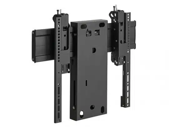 Schwarze, verstellbare TV Wandhalterung aus Metall mit mehreren Schlitzen und Bohrungen zur flexiblen Befestigung. Die Halterung verfügt über vertikale und horizontale Schienen für vielfältige Installationsmöglichkeiten. Ideal zum Kaufen oder Mieten, passend für verschiedene TV-Größen.