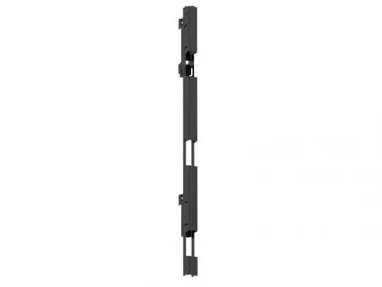 Schwarzer, schmaler Metall-Lift namens "Genie Superlift" mit mehreren rechteckigen Segmenten und Befestigungspunkten, im Winkel vor weißem Hintergrund - ideal zum Kaufen oder Mieten für professionelle Hebearbeiten.