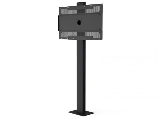 Schwarzer, hoher Metall-Standfuß mit rechteckiger Halterung für Bildschirme oder Displays; die Halterung verfügt über ein rundes zentrales Loch und Lüftungsschlitze - ideal zum Kaufen oder Mieten für Messe, Event oder Büro.