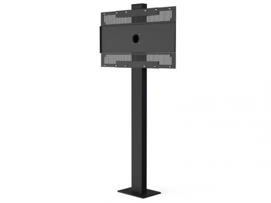 Schwarzer, hoher Metall-Standfuß mit rechteckiger Halterung für Bildschirme oder Displays; die Halterung verfügt über ein rundes zentrales Loch und Lüftungsschlitze - ideal zum Kaufen oder Mieten für Messe, Event oder Büro.
