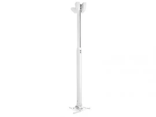 Weißer, höhenverstellbarer Deckenhalter für Beamer, mit Montageplatte unten und Sicherungsklemme oben - ideal zum Kaufen oder Mieten für flexible Projektor-Installationen.