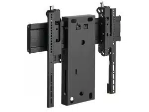Schwarze, metallene TV Wandhalterung mit verstellbaren Armen und mehreren Montageschlitzen, ideal zum Befestigen von Flachbildfernsehern oder Monitoren; perfekt zum Mieten oder Kaufen für flexible Raumgestaltung.
