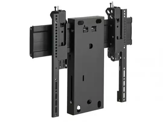 Schwarze, metallene TV Wandhalterung mit verstellbaren Armen und mehreren Montageschlitzen, ideal zum Befestigen von Flachbildfernsehern oder Monitoren; perfekt zum Mieten oder Kaufen für flexible Raumgestaltung.