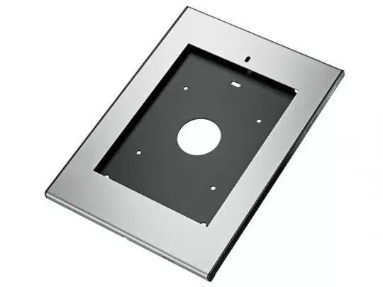 Gebürstete Metallwandplatte "Rectangular Pro", mit schwarzem Innenrahmen, zentralem runden Ausschnitt und mehreren Bohrungen für Schrauben; ideal zum Kaufen oder Mieten für professionelle Wandinstallationen.