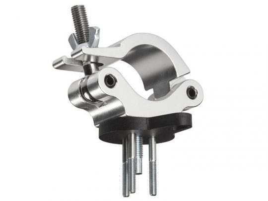 Nahaufnahme einer silbernen Metall-Rohrschelle mit Flügelmutter und Schrauben; ideal zum sicheren Befestigen von Rohren oder Stangen - perfekt zum Kaufen oder Mieten.