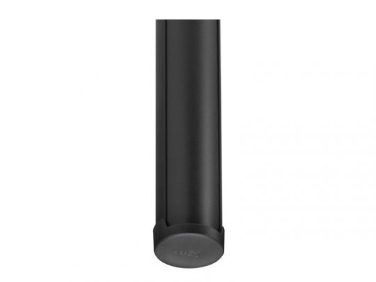 Schwarzes zylindrisches Rohr mit abgerundeter Kappe am unteren Ende, von oben auf weißem Hintergrund gesehen - ideal zum Kaufen oder Mieten, zum Beispiel als "AluTech Rundrohr mit Kappe". Perfekt für vielseitige Anwendungen im Bau oder Heimwerken.