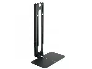 Vertikaler Laptop- und Tablet-Ständer aus schwarzem Metall mit einstellbarem Schlitz und flacher, rechteckiger Basis - ideal zum sicheren Aufstellen elektronischer Geräte am Arbeitsplatz, perfekt zum Kaufen oder Mieten.