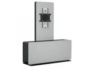 Moderner TV-Ständer "Urban High" in Grau und Schwarz mit rechteckigem, vertikalem Montagepanel für Flachbildfernseher und breiter, niedriger Basis für Stauraum-ideal als stilvolles Möbelstück zum Kaufen oder Mieten fürs Wohnzimmer.