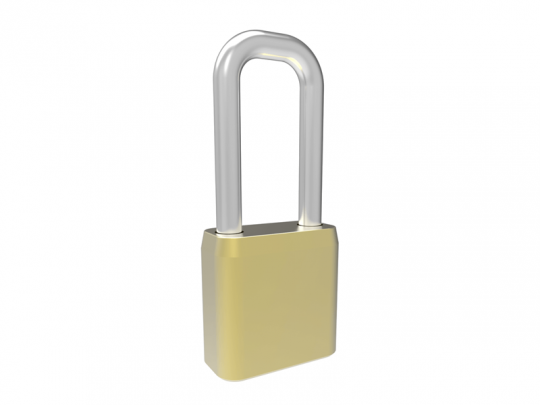 Vor weißem Hintergrund ist ein Vorhängeschloss mit verlängertem Bügel abgebildet; das Schloss hat ein silbernes Gehäuse und einen goldfarbenen Bügel - ideal für Sicherheit, zum Kaufen oder Mieten.