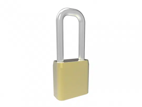 Vor weißem Hintergrund ist ein Vorhängeschloss mit verlängertem Bügel abgebildet; das Schloss hat ein silbernes Gehäuse und einen goldfarbenen Bügel - ideal für Sicherheit, zum Kaufen oder Mieten.