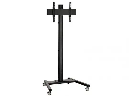 Schwarzer, mobiler TV-Ständer aus Metall mit vier Rollen, senkrechtem Standfuß und verstellbaren Halterungen für Flachbildfernseher - ideal zum Mieten oder Kaufen. Der robuste Fernseherständer ist flexibel einsetzbar und leicht zu bewegen.