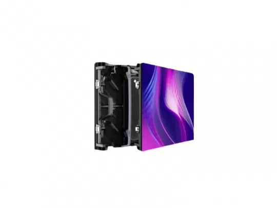 LED Wand Modul 2.6mm Unilumin URMIII 2.6 MK2 Pro gebraucht, Rückseite teilweise offen, violette Lichtstreifen auf dunklem Display.