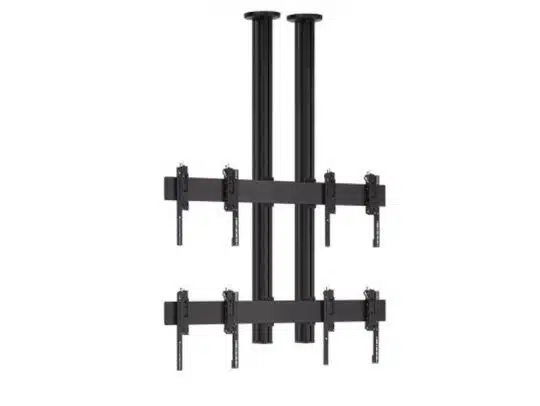 Zweipolige schwarze Metall-TV-Deckenhalterung für vier Flachbildschirme, angeordnet in einem 2x2-Raster; verstellbare Halterungsarme sichern die Monitore stabil - ideal zum Mieten oder Kaufen.