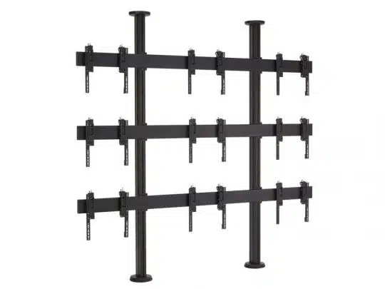 Schwarze TV-Wandhalterung aus Metall, Modell mit drei senkrechten Stangen und neun waagerechten Halterungen, angeordnet im 3x3-Raster - ideal zum Kaufen oder Mieten für die professionelle Montage von neun Bildschirmen in Videowänden oder flexiblen Display-Lösungen.
