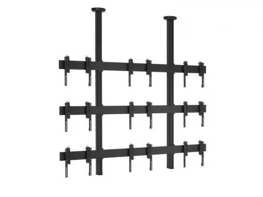 Schwarzes TV-Deckenhalterungssystem aus Metall mit drei horizontalen Stangen und zwei vertikalen Stützen, geeignet zur flexiblen Montage mehrerer Bildschirme in einem Gittermuster; als TV-Halterung zum Kaufen oder Mieten erhältlich.
