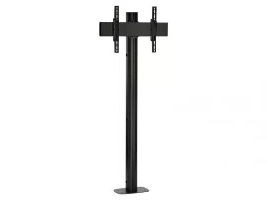 Schwarzer TV-Ständer aus Metall mit vertikaler Stange, flachem rechteckigem Standfuß und verstellbaren Halterungen für die Montage eines Flachbildfernsehers - jetzt den TV Stand kaufen oder mieten.