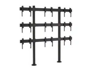Schwarzes, freistehendes Metall-TV-Wandhalterungssystem "Multiscreen Pro" mit drei horizontalen Schienen und jeweils vier Monitorhalterungen pro Reihe, ideal zum Halten mehrerer Bildschirme in einem Raster - perfekt zum Kaufen oder Mieten für flexible Display-Lösungen.