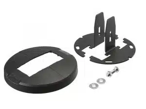 Montageset aus schwarzem Kunststoff und Metall, bestehend aus einer runden Basis, zwei aufrechten Halterungen, einem runden Deckel, einer Schraube und zwei Unterlegscheiben; alle Teile übersichtlich auf weißem Hintergrund angeordnet - ideal als Befestigungskit zum Mieten oder Kaufen.