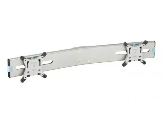 Silberne, gebogene Dual-Monitor-Halterung mit zwei verstellbaren VESA-Platten und blauen Akzenten, ideal zum Befestigen von zwei Monitoren an Wand oder Ständer - perfekte Lösung für flexible Arbeitsplatzgestaltung, zum Kauf oder zur Miete erhältlich.