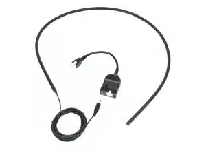 Schwarzes Headset-Mikrofon mit flexiblem Mikrofonarm, RJ9-Anschluss, Steuerbox und 3,5-mm-Klinkenkabel auf weißem Hintergrund. Ideal zum Kaufen oder Mieten für professionelle Audioanwendungen wie Callcenter oder Homeoffice.