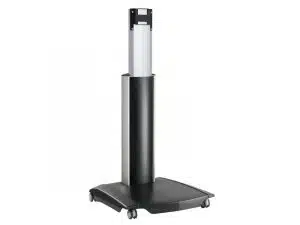 Mobiler Bodenständer Modell in Schwarz und Silber mit rechteckiger Standbasis auf vier Rollen und senkrechter Säule, geeignet zum Halten von Bildschirmen oder elektronischen Geräten - ideal zum Mieten oder Kaufen.