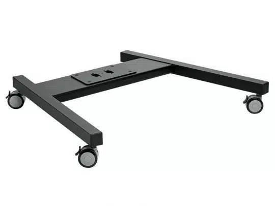 Schwarze Metall-Basis auf vier Rollen (Casters), Modell mit zentraler Montageplatte und zwei parallelen Streben - ideal zum Transport schwerer Geräte oder Möbel; die mobile Unterkonstruktion ist stabil, vielseitig und kann gemietet oder gekauft werden.