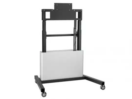 Mobiler TV- oder Monitorständer Schwarz-Weiß mit Rollen, höhenverstellbar und stabilem rechteckigem Standfuß - ideal zum Kauf oder zur Miete, geeignet für flexible Bildschirm-Präsentationen.