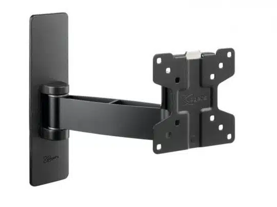 Schwarze, verstellbare TV-Wandhalterung mit ausziehbarem Arm zum Montieren eines Flachbildfernsehers oder Monitors; die Halterung hat mehrere Befestigungslöcher und ist zum Kauf oder zur Miete erhältlich.