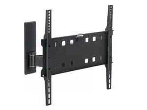 Schwarze Wandhalterung für Fernseher (TV-Halterung), mit verstellbaren horizontalen und vertikalen Schienen sowie schwenkbarem Arm links zum flexiblen Ausrichten von Flachbildfernsehern; geeignet zum Kaufen oder Mieten.