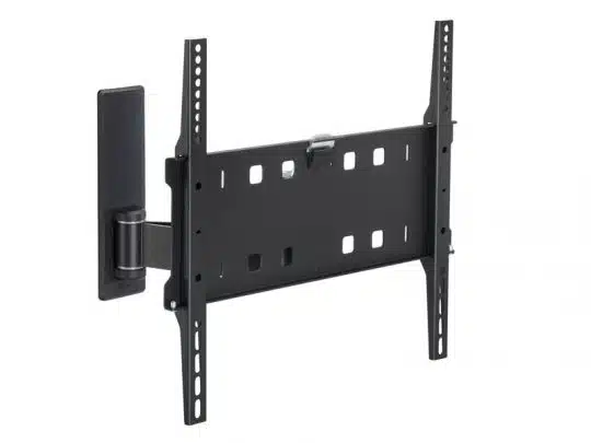Schwarze Wandhalterung für Fernseher (TV-Halterung), mit verstellbaren horizontalen und vertikalen Schienen sowie schwenkbarem Arm links zum flexiblen Ausrichten von Flachbildfernsehern; geeignet zum Kaufen oder Mieten.