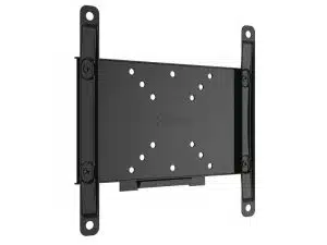 Schwarze TV-Wandhalterung aus Metall für Flachbildfernseher oder Monitore, mit mehreren Schraublöchern für flexible Montage und senkrechten Trägerleisten an den Seiten - perfekt zum Kaufen oder Mieten.