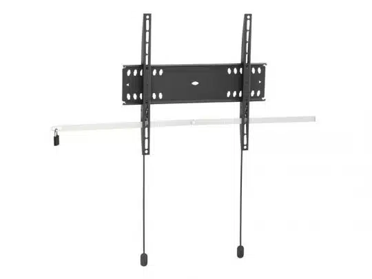 Schwarze TV Wandhalterung (flacher Wandhalter), bestehend aus einer horizontalen Montageplatte, zwei vertikalen Tragarmen und zwei Zugseilen, vor weißem Hintergrund - ideal zum Mieten oder Kaufen.