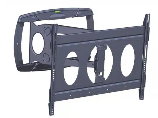 Schwarze, verstellbare TV-Wandhalterung für Flachbildfernseher - mit mehreren Befestigungslöchern, integrierter Wasserwaage und schwenkbarem, ausziehbarem Arm zur flexiblen Ausrichtung; ideal zum Mieten oder Kaufen.