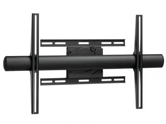 Schwarze TV-Wandhalterung mit vertikalen und horizontalen Metallstreben, geeignet zur sicheren Befestigung von Flachbildfernsehern. Das Modell zeigt Montageplatte und -arme vor weißem Hintergrund. Das Produkt kann gekauft oder gemietet werden.