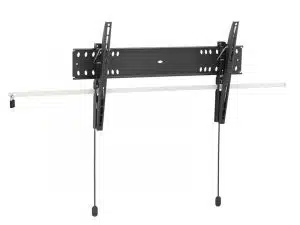 Schwarze TV-Wandhalterung aus Metall mit verstellbaren Armen, horizontaler Sicherungsstange und zwei Zugbändern - ideal zum sicheren Befestigen und Neigen von Flachbildfernsehern, perfekt zum Kaufen oder Mieten.