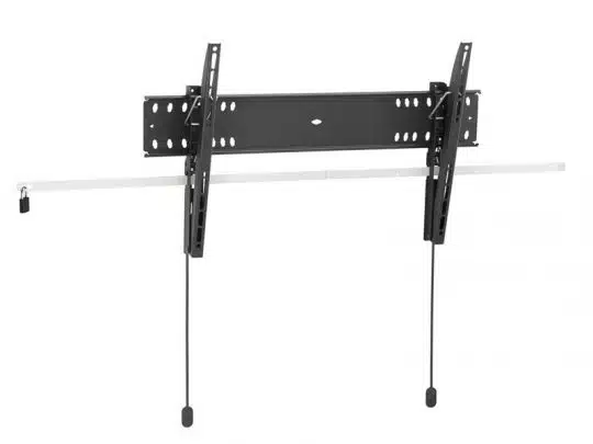 Schwarze TV-Wandhalterung aus Metall mit verstellbaren Armen, horizontaler Sicherungsstange und zwei Zugbändern - ideal zum sicheren Befestigen und Neigen von Flachbildfernsehern, perfekt zum Kaufen oder Mieten.