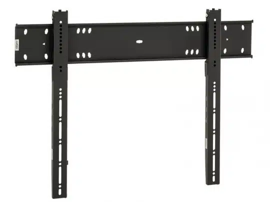 Schwarze TV-Wandhalterung aus Metall mit mehreren Löchern und Schlitzen zur flexiblen Montage; ideal zur sicheren Befestigung eines Flachbildfernsehers an der Wand - perfekt zum Mieten oder Kaufen.
