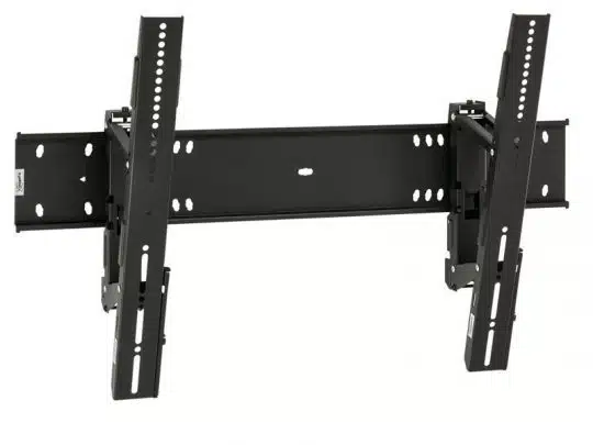 Schwarze, verstellbare TV-Wandhalterung für Flachbildfernseher, mit mehreren Befestigungslöchern und neigbaren Armen zur einfachen Winkeleinstellung - ideal zum Kaufen oder Mieten für flexible TV-Installationen.