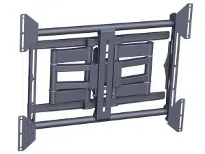 Metall-Wandhalterung für Flachbildfernseher, Modell mit verstellbaren Armen und mehreren Befestigungspunkten für sichere Montage. Die TV-Halterung ist auf dem Bild in eingeklappter, platzsparender Position dargestellt und kann gekauft oder gemietet werden.