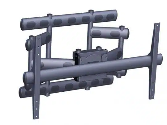 Schwarze, mehrfach verstellbare TV Wandhalterung (3D-Rendering) mit schwenkbaren Armen, Gelenken und Montagenschienen zur sicheren Befestigung eines Flachbildfernsehers - ideal zum Mieten oder Kaufen.