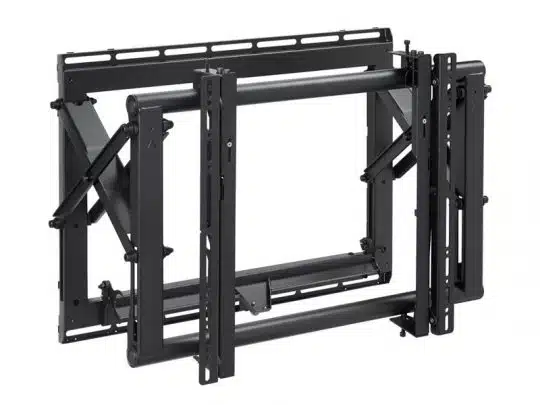 Schwarze, verstellbare TV Wandhalterung mit mehreren Armen und Schienen - ideal für Flachbildfernseher oder Monitore, flexibel ausrichtbar; perfekt zum Kaufen oder Mieten.