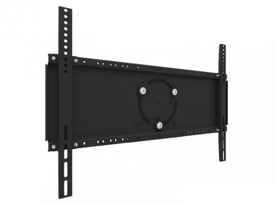 Schwarze, Metall-TV-Wandhalterung für Flachbildschirme mit verstellbaren vertikalen und horizontalen Schienen, Schraublöchern und runder Halteplatte in der Mitte; ideal zum Kauf oder zur Miete für flexible TV-Befestigungslösungen.