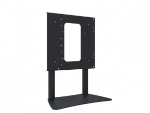 Schwarzer TV-Ständer aus Metall mit rechteckiger Montageschiene, mehreren Schraublöchern, zwei vertikalen Stützsäulen und breitem, flachem Standfuß - ideal zum Kaufen oder Mieten für flexible TV-Aufstellungen.